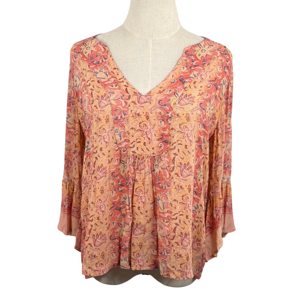 Vintage Y2K Lucky Brand S Blouse Paisley Floral Bell Sleeve Boho Peasant Gypsy